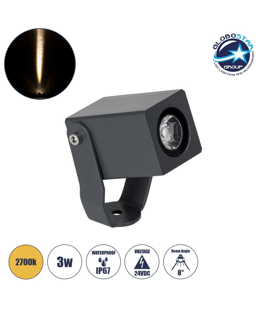 GLOBOSTAR® TREEMARO 90472 Φωτιστικό Σποτ για Φυτά - Δέντρα LED 3W 330lm 8° DC 24V Αδιάβροχο IP67 Θερμό Λευκό 2700K Dimmable - Bridgelux SMD Chip - Γκρι Ανθρακί - Μ3.5 x Π6.4 x Υ10cm - 3 Χρόνια Εγγύηση